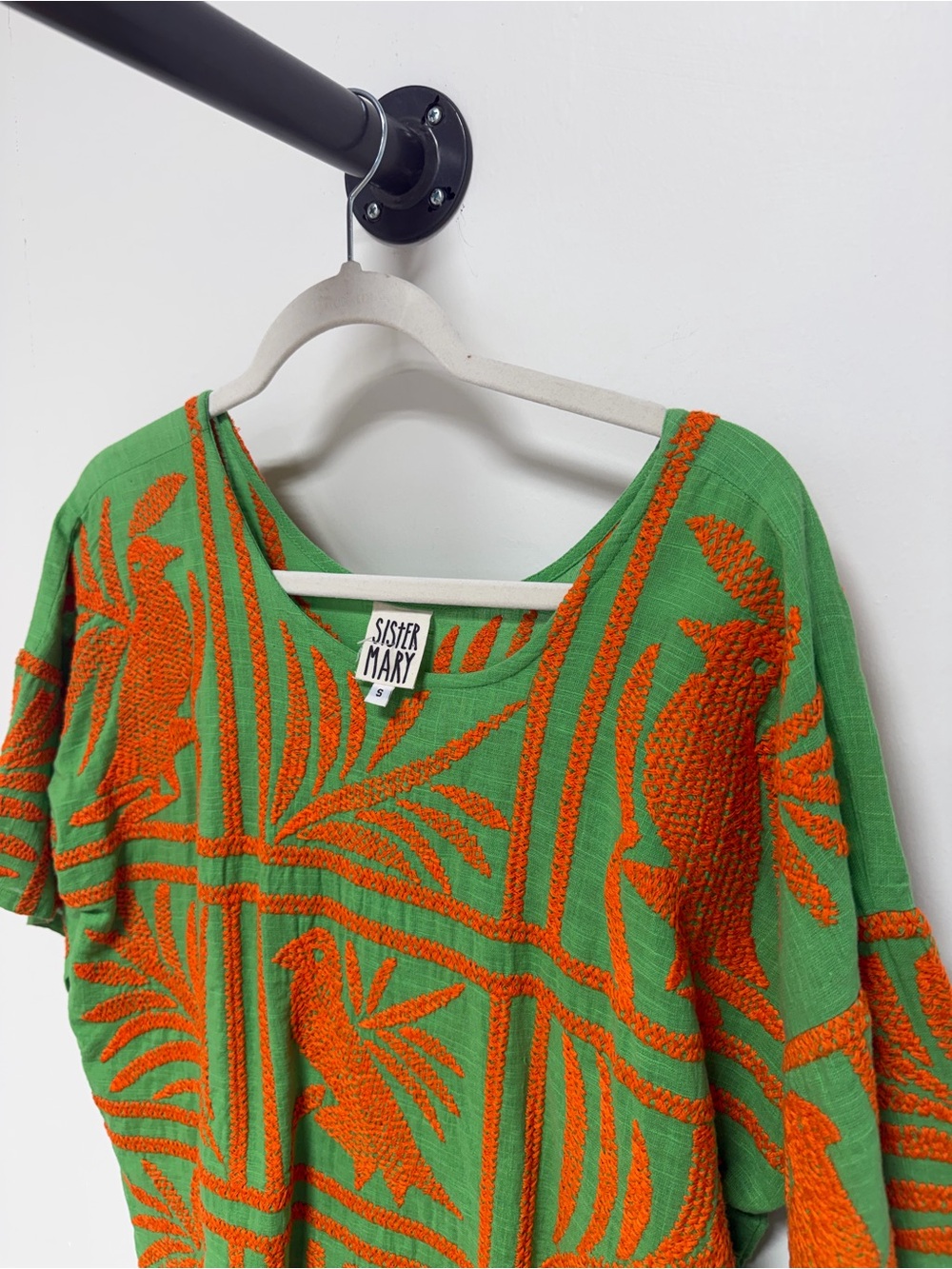 Sister Mary Green Orange Embroidered Bird Top Blouse